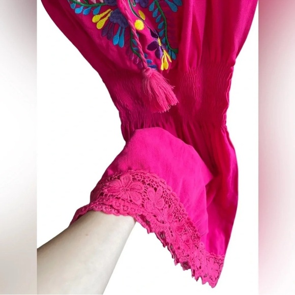 Mexican Embroidered Pink Elastic Waist 3/4 Sleeves Crochet Cotton Mini Dress S/M - Picture 2 of 12